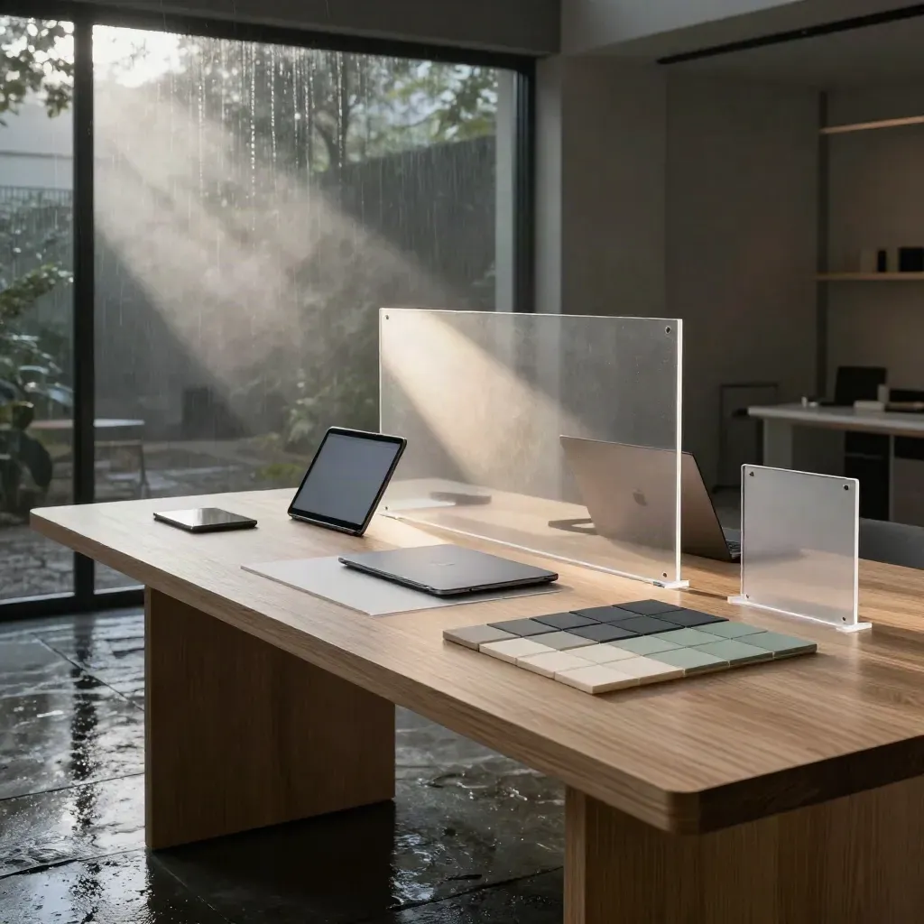 UX-Studio mit Prototypen, Wireframe-Panels und nassem Morgenlicht