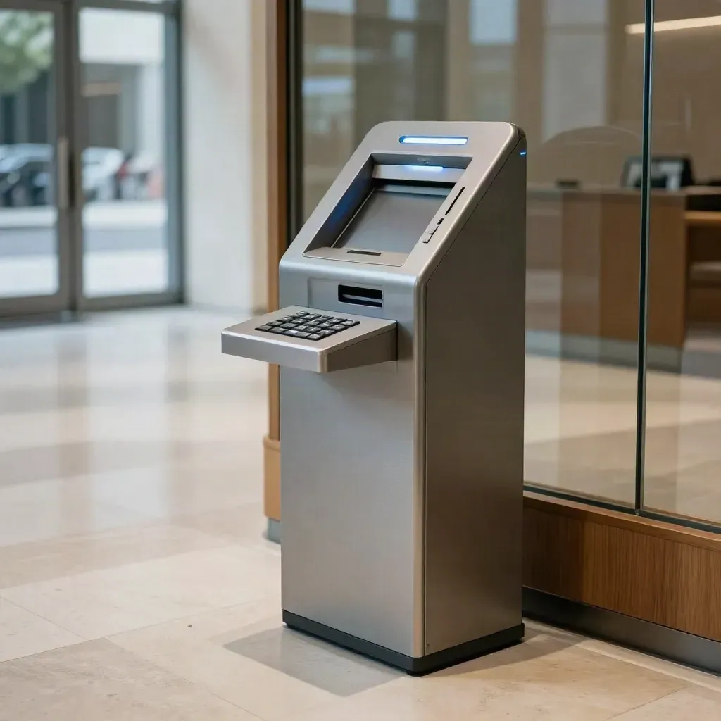 Fintech-Onboarding-Kiosk im hellen Lobbyraum mit Kartenfach und dezentem Blau