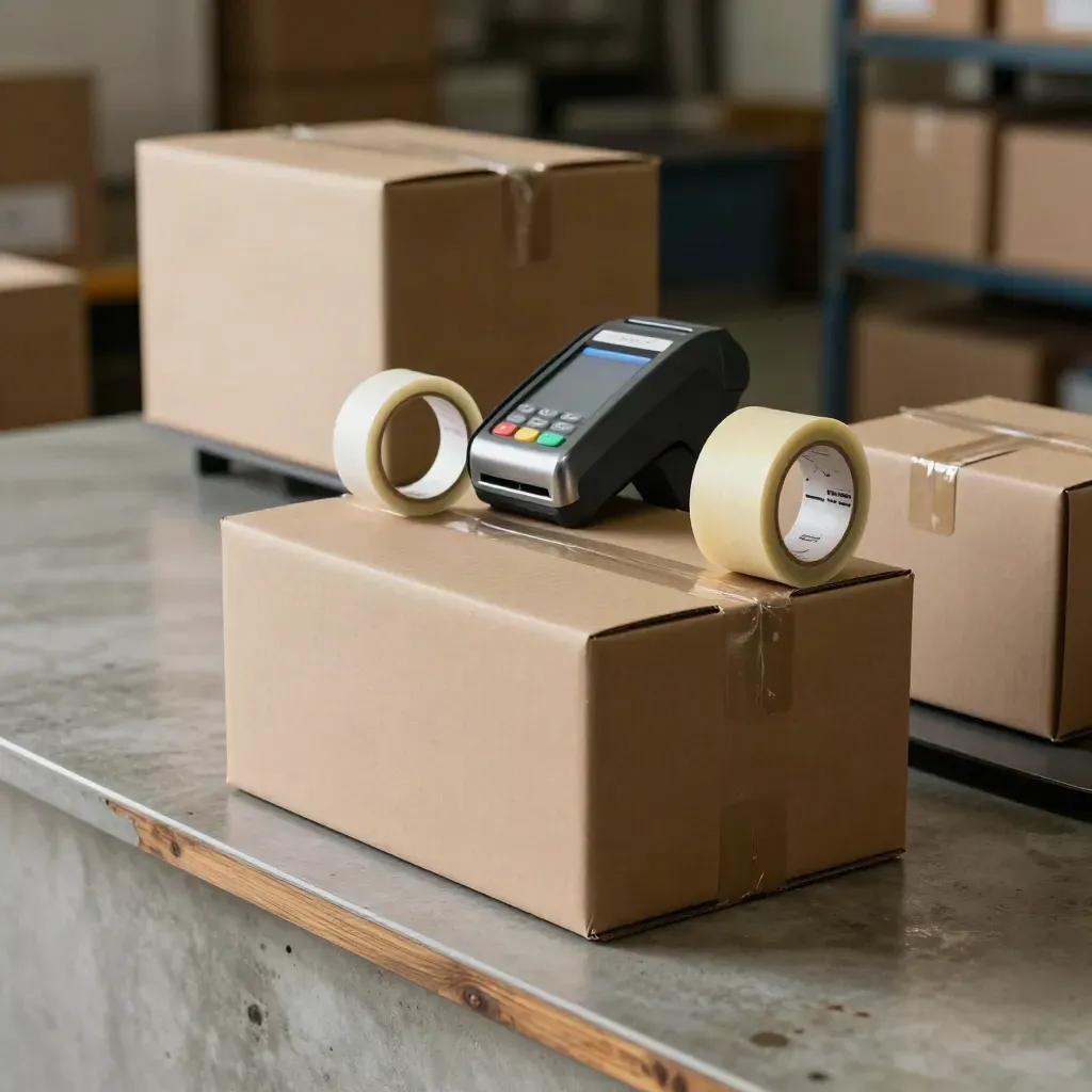 D2C-Packstation mit Karton, Terminal, Klebebandrolle und Produktkarton im Warmlicht