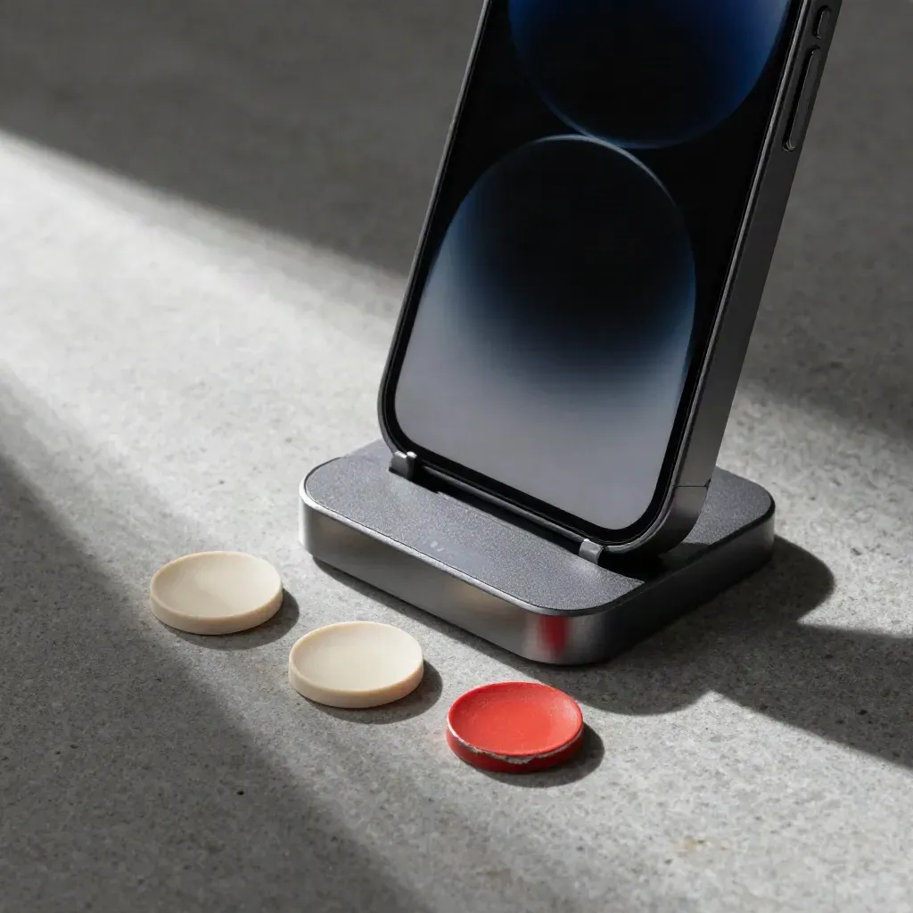 UX-Prototyp mit drei Task-Tokens und rotem Issue-Chip auf Stein, seitlich beleuchtet.