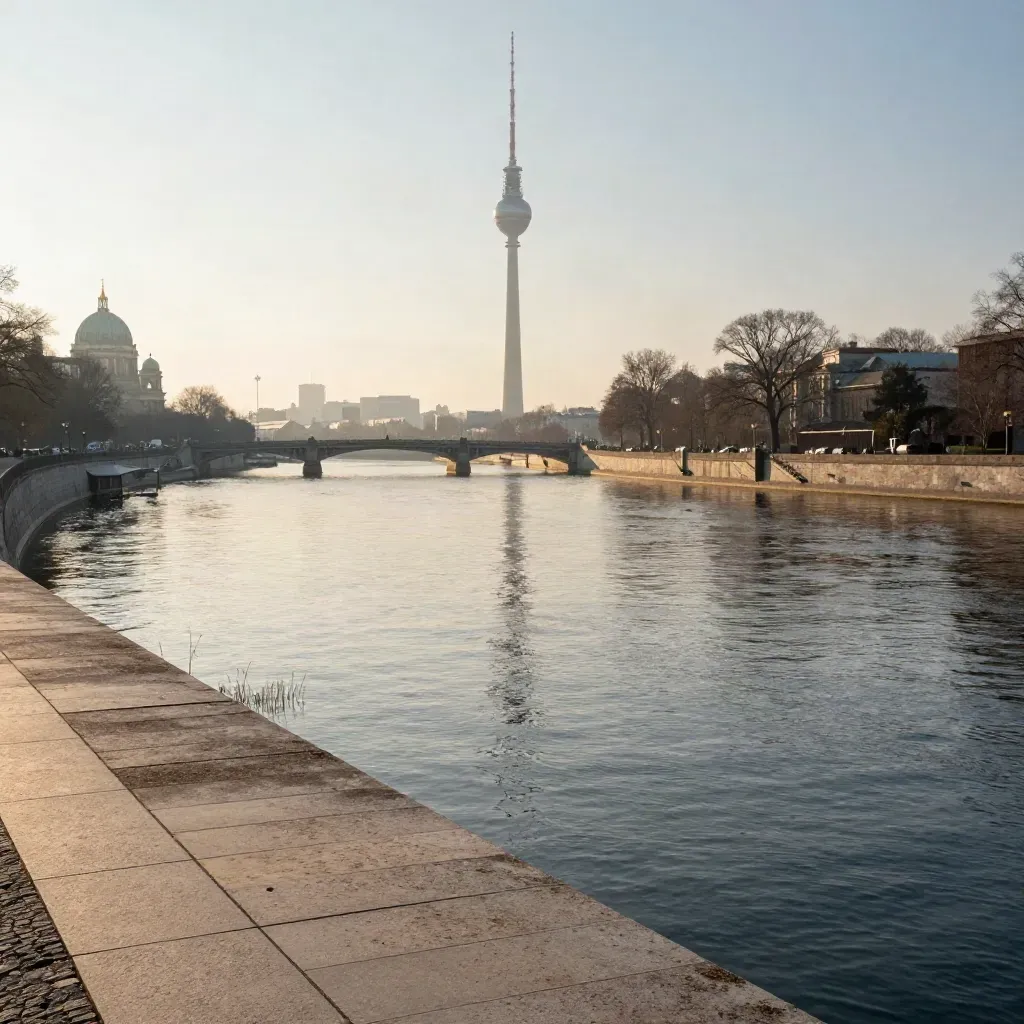 Berlin bei Sonnenaufgang mit der Spree, Nebel und entfernten Wahrzeichen über ruhigem Wasser.