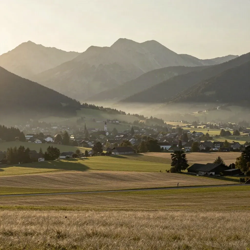 Bayerische Alpenvorland-Landschaft mit Kirchturm, Wiesen und warmem Abendhaze