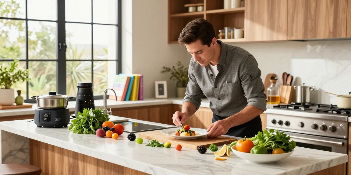 Gourmeticat lifestyle and celebs gourmet chef plating a dish in a stylish urban kitchen.